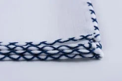 Navy Blue X-Stitch Edge White Linen Pocket Square