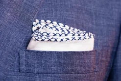 Navy Blue X-Stitch Edge White Linen Pocket Square
