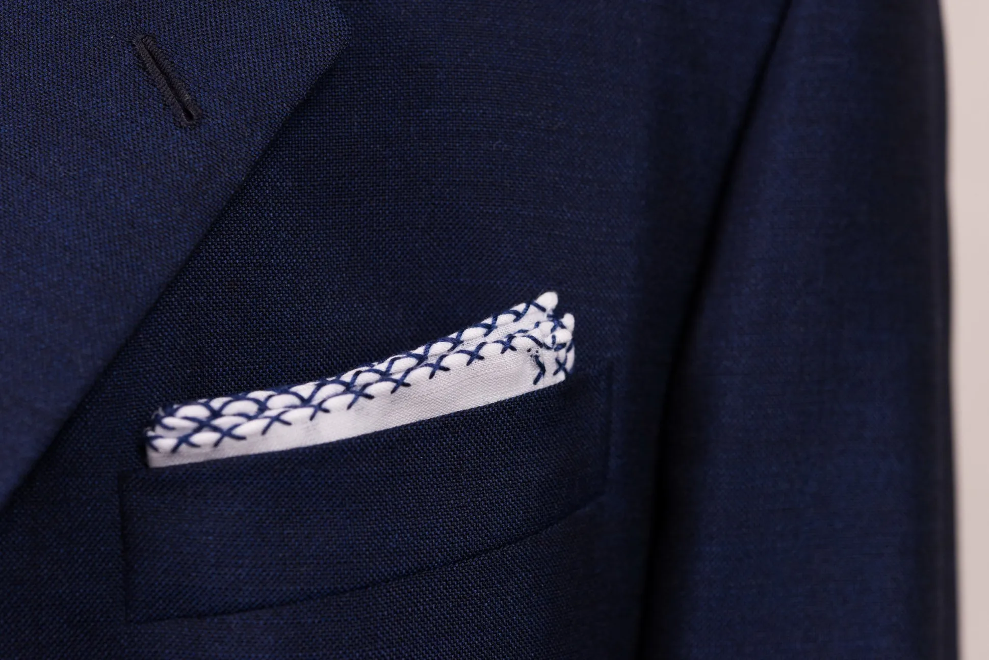 Navy Blue X-Stitch Edge White Linen Pocket Square