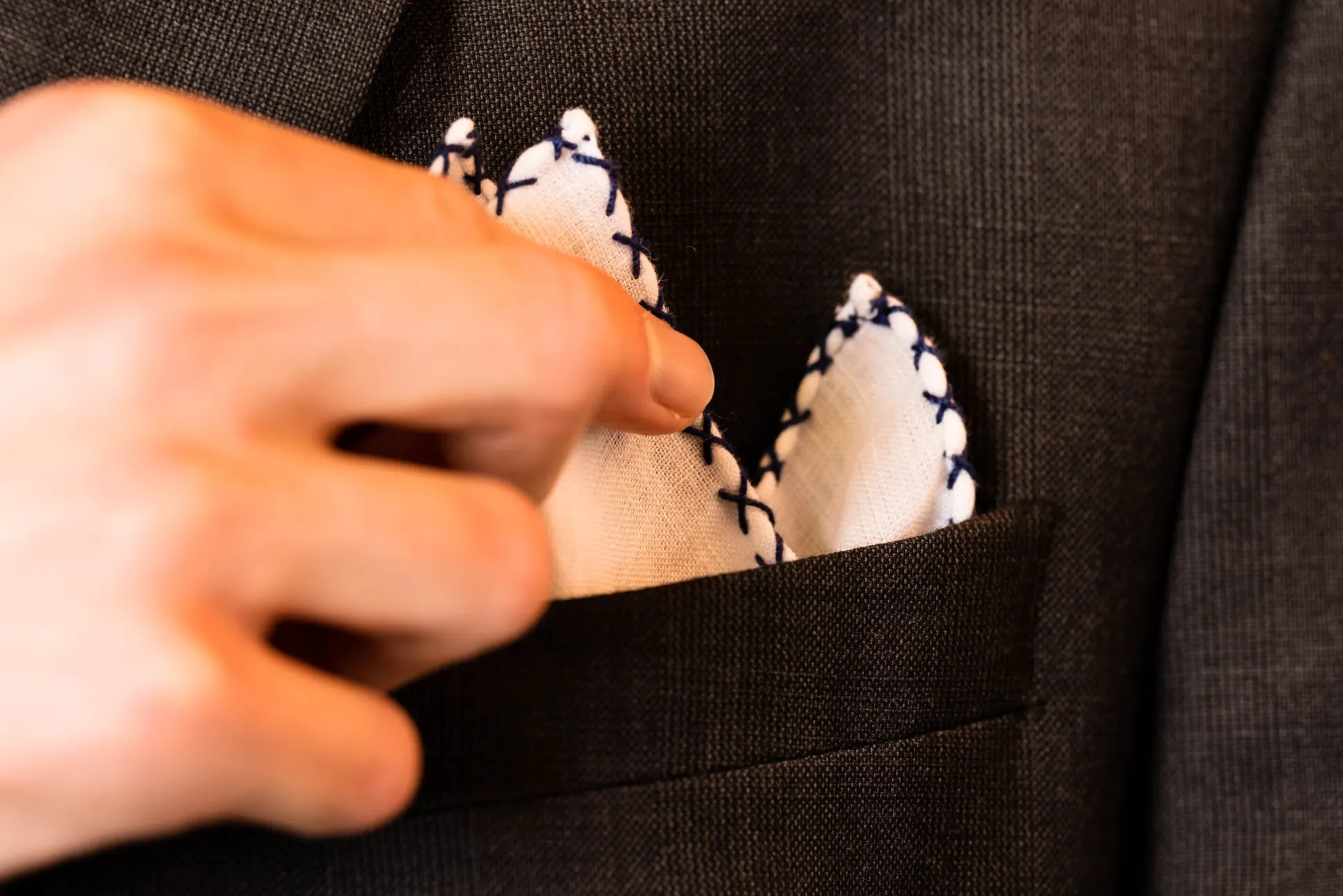 Navy Blue X-Stitch Edge White Linen Pocket Square