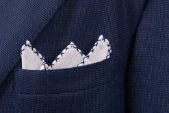 Navy Blue X-Stitch Edge White Linen Pocket Square