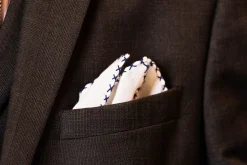 Navy Blue X-Stitch Edge White Linen Pocket Square
