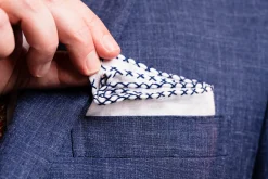 Navy Blue X-Stitch Edge White Linen Pocket Square