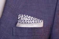 Navy Blue X-Stitch Edge White Linen Pocket Square