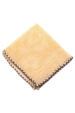 Navy Blue X-Stitch Edge Yellow Linen Pocket Square