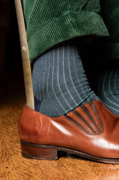 Navy & Green Shadow Stripe Midweight Cotton Socks
