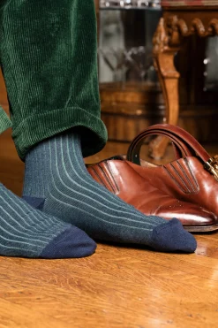 Navy & Green Shadow Stripe Midweight Cotton Socks