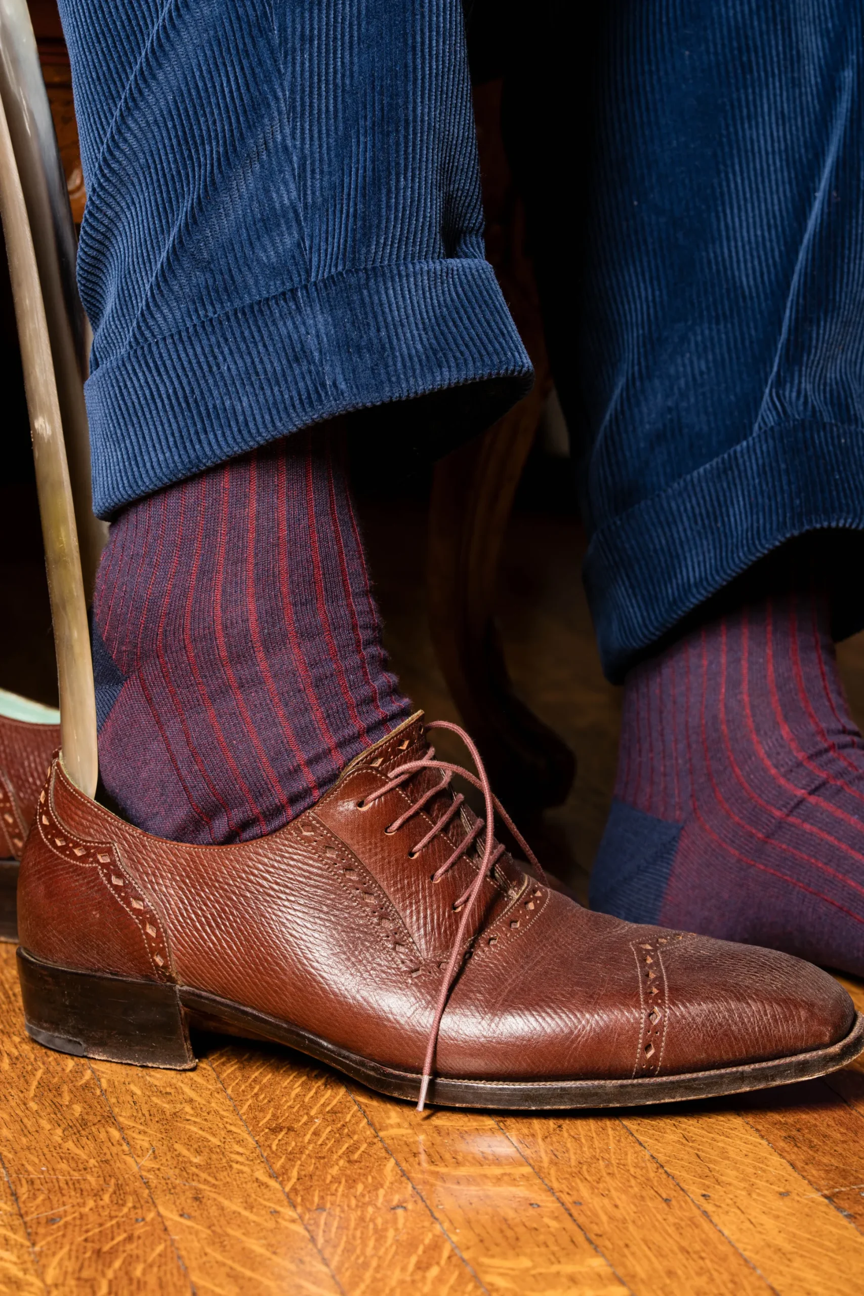 Navy & Red Shadow Stripe Midweight Cotton Socks