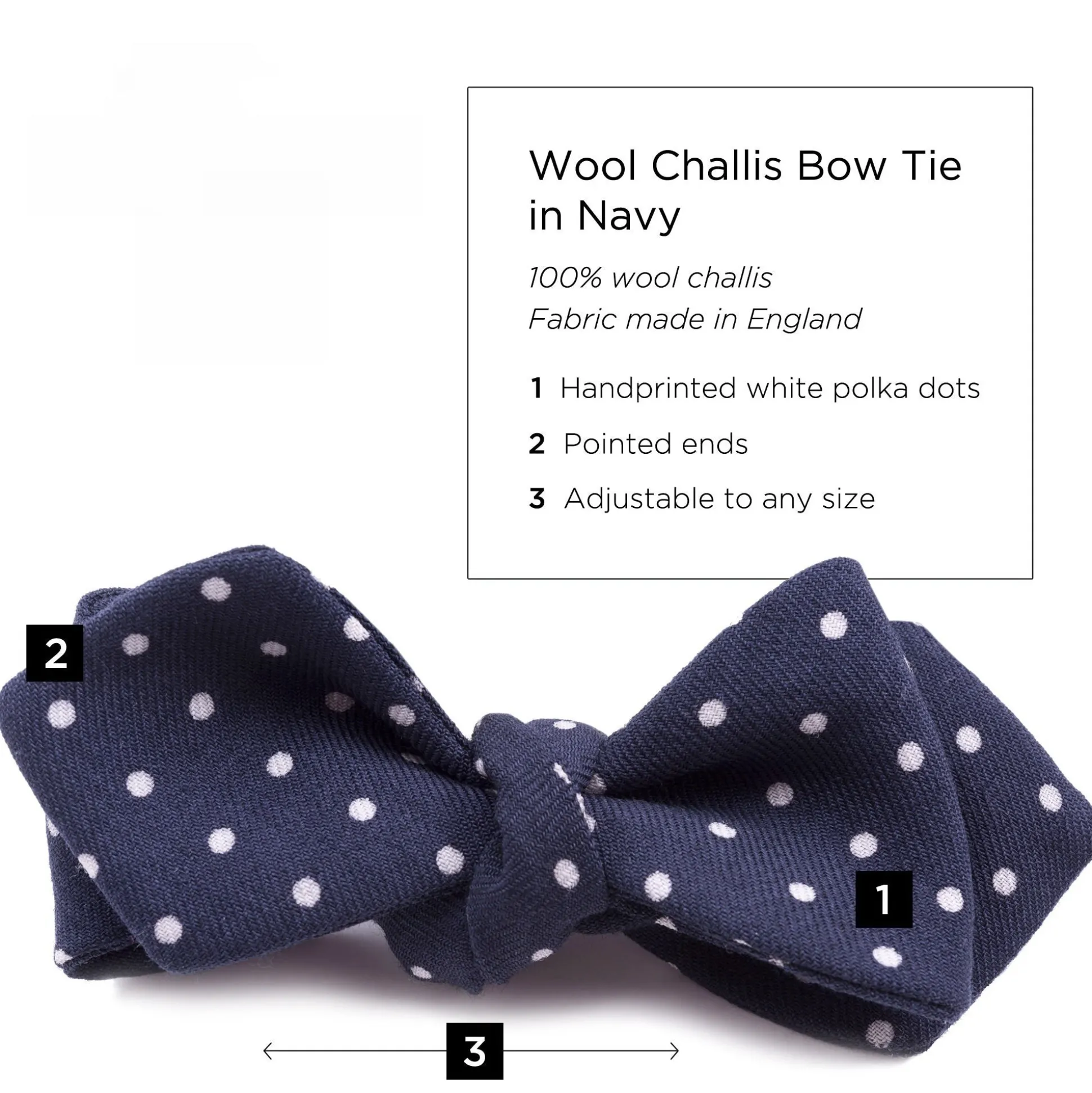 Navy & White Polka Dot Wool Challis Bow Tie
