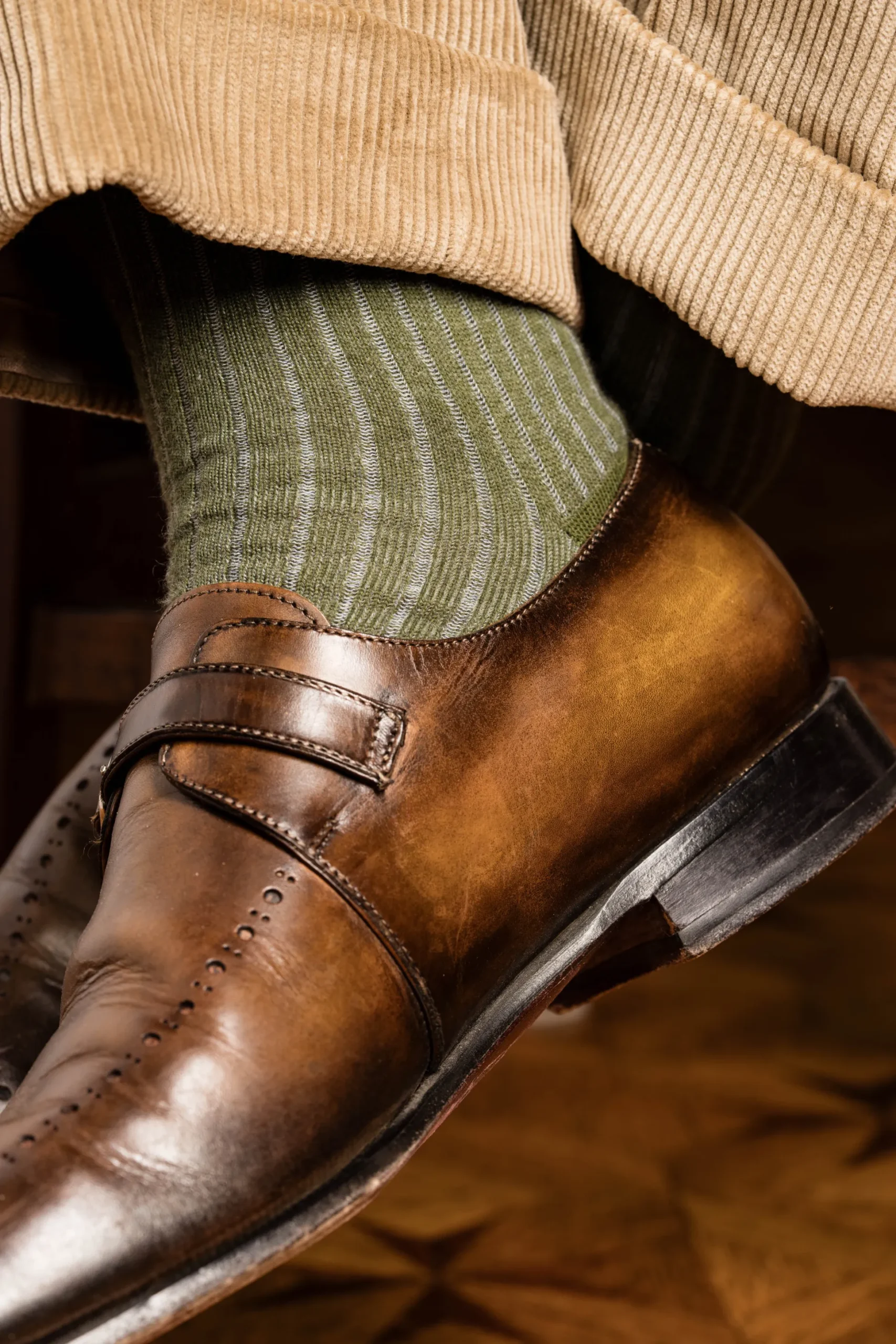 Olive Green & Light Gray Shadow Stripe Midweight Cotton Socks