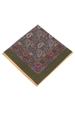 Olive Green Paisley Silk Wool Pocket Square