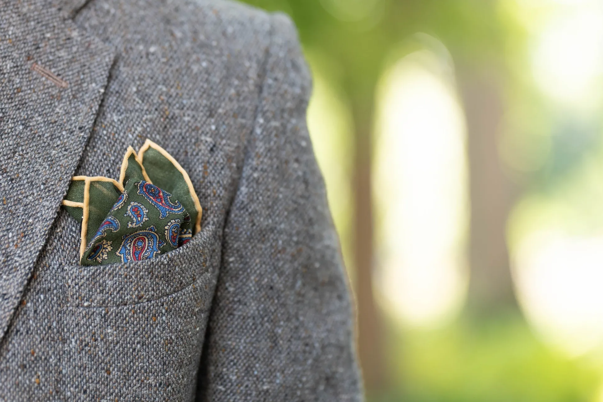 Olive Green Paisley Silk Wool Pocket Square
