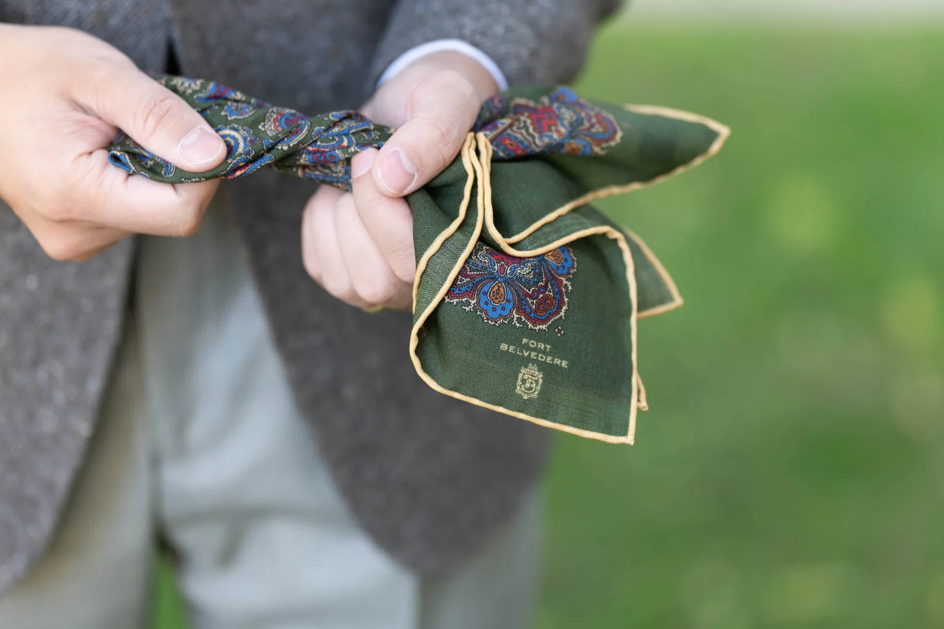Olive Green Paisley Silk Wool Pocket Square