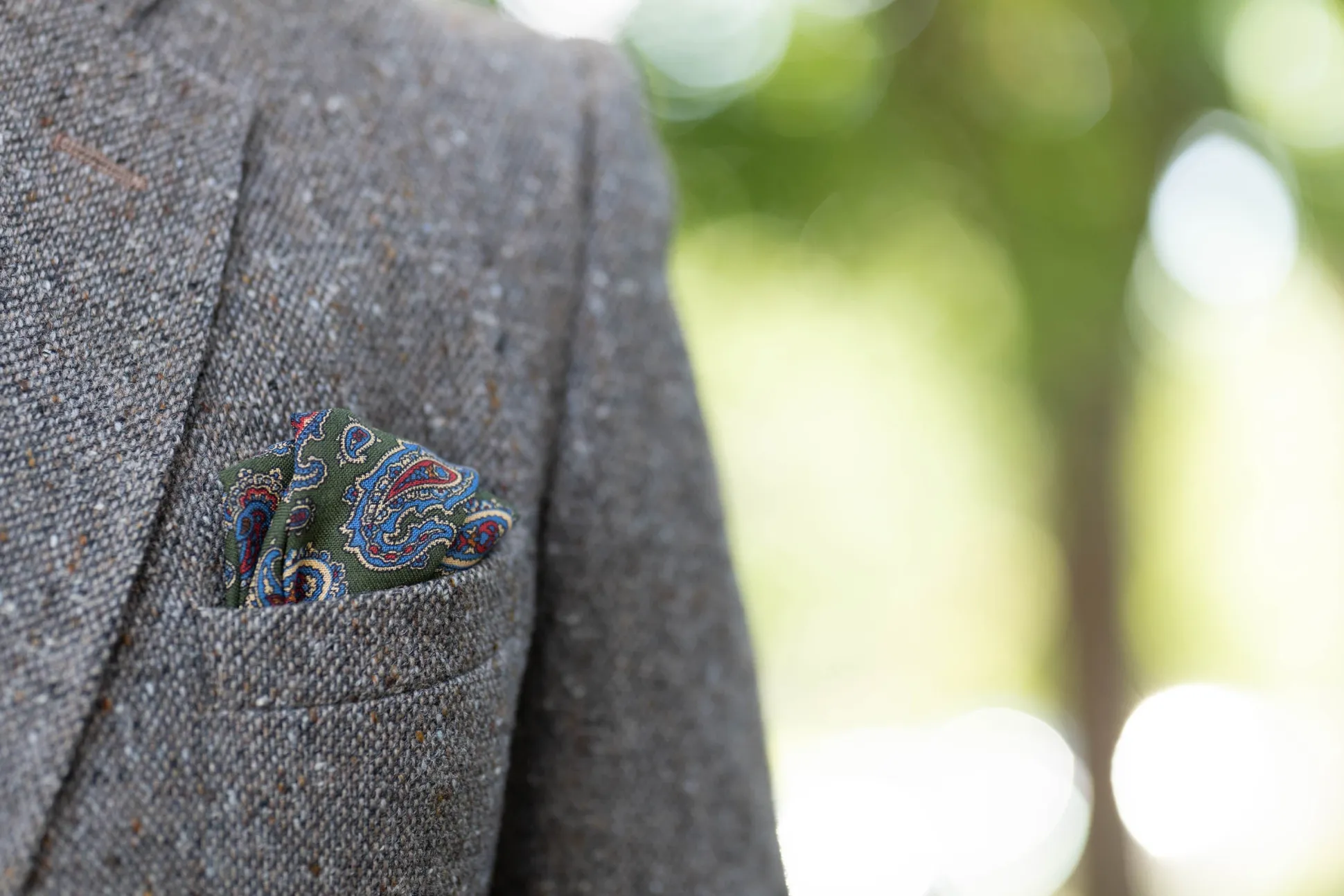 Olive Green Paisley Silk Wool Pocket Square