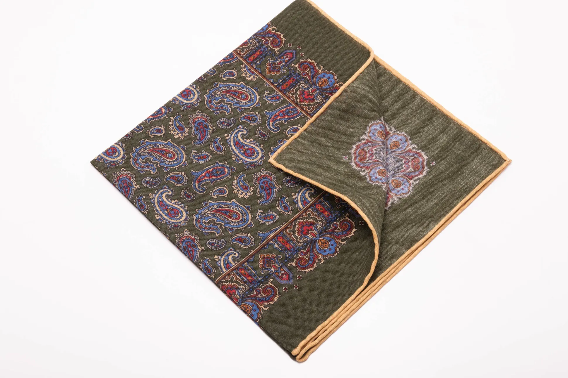 Olive Green Paisley Silk Wool Pocket Square