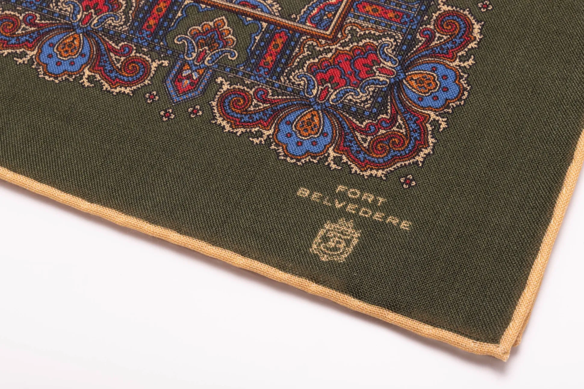 Olive Green Paisley Silk Wool Pocket Square