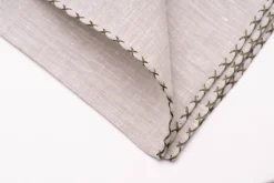 Olive Green X-Stitch Edge Pale Green Linen Pocket Square