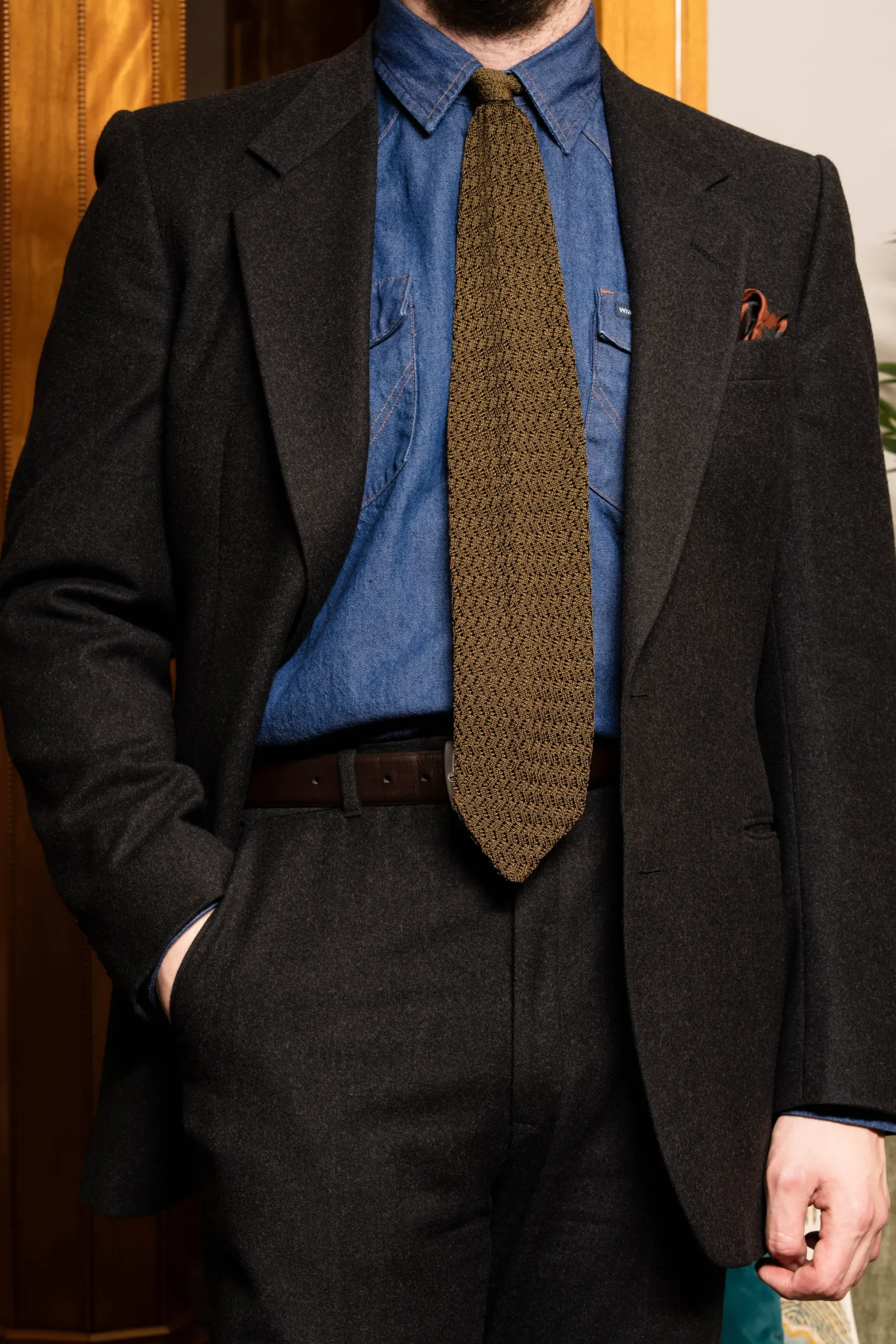 Olive Green Zigzag Silk Knit Tie