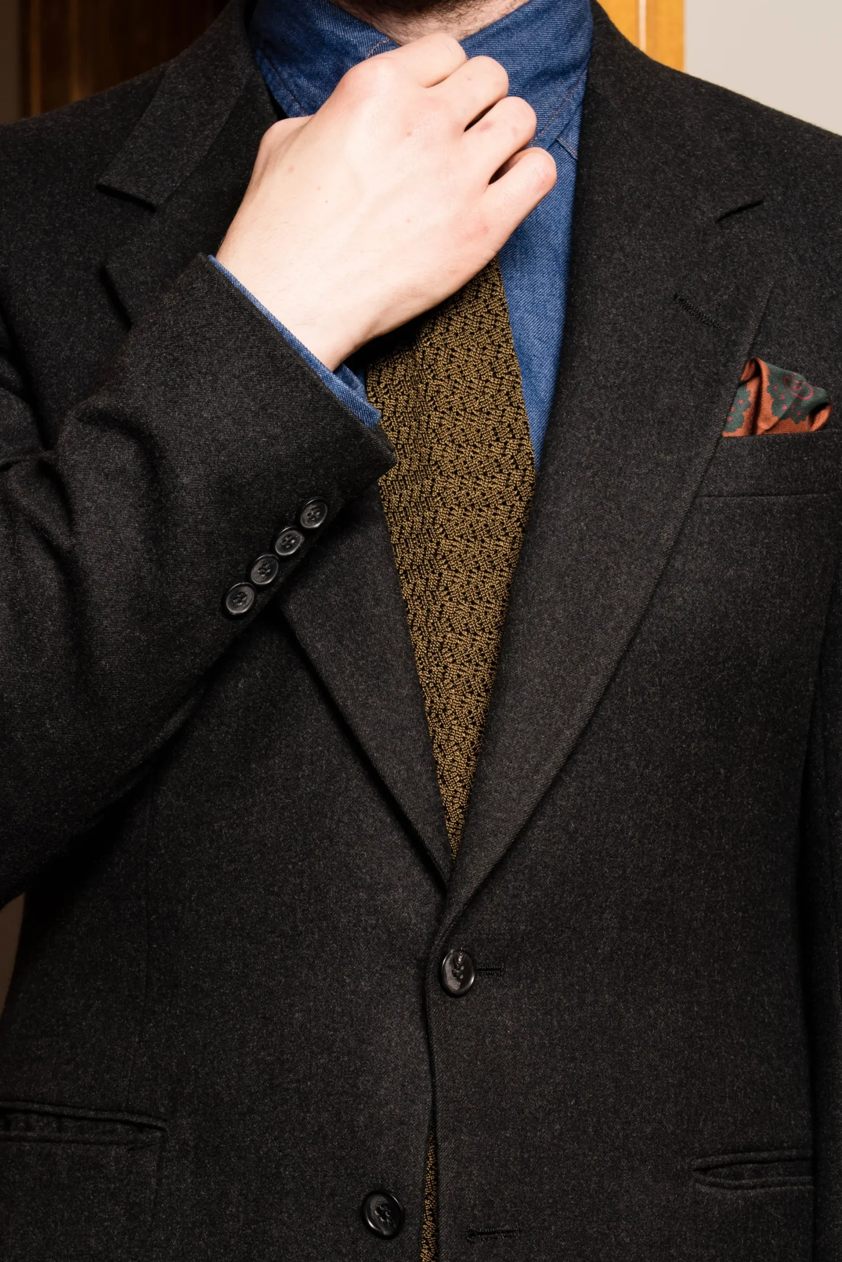 Olive Green Zigzag Silk Knit Tie