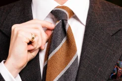 Orange & Gray Striped Cashmere Wool Grenadine Tie