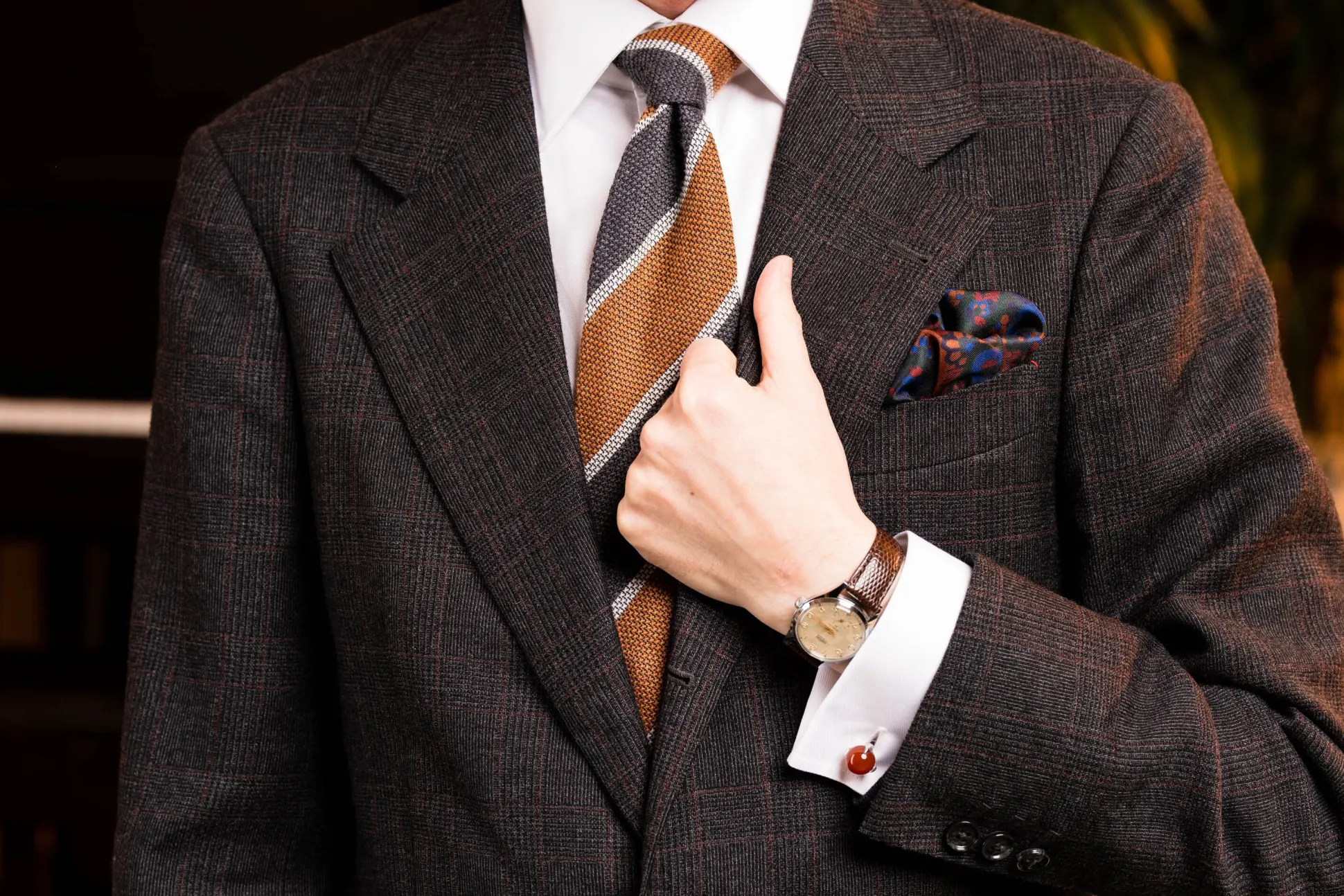 Orange & Gray Striped Cashmere Wool Grenadine Tie