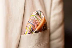 Orange & White Large Paisley Silk Pocket Square