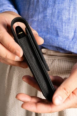 3-Pen Black Full-Grain Calf Togo Leather Pen Case