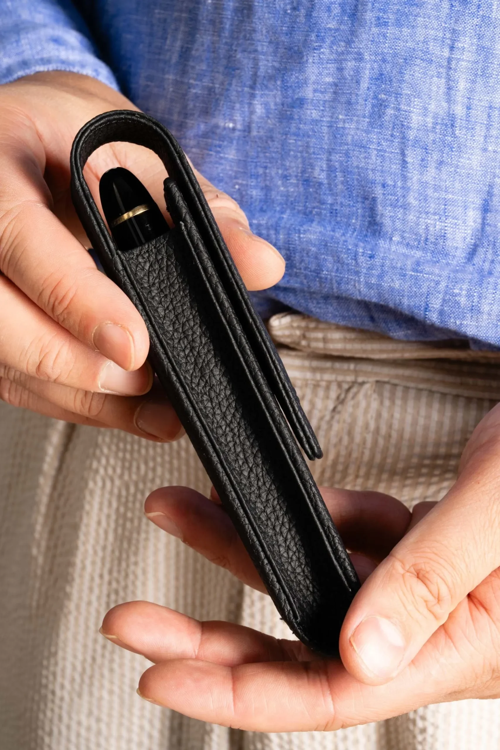 3-Pen Black Full-Grain Calf Togo Leather Pen Case