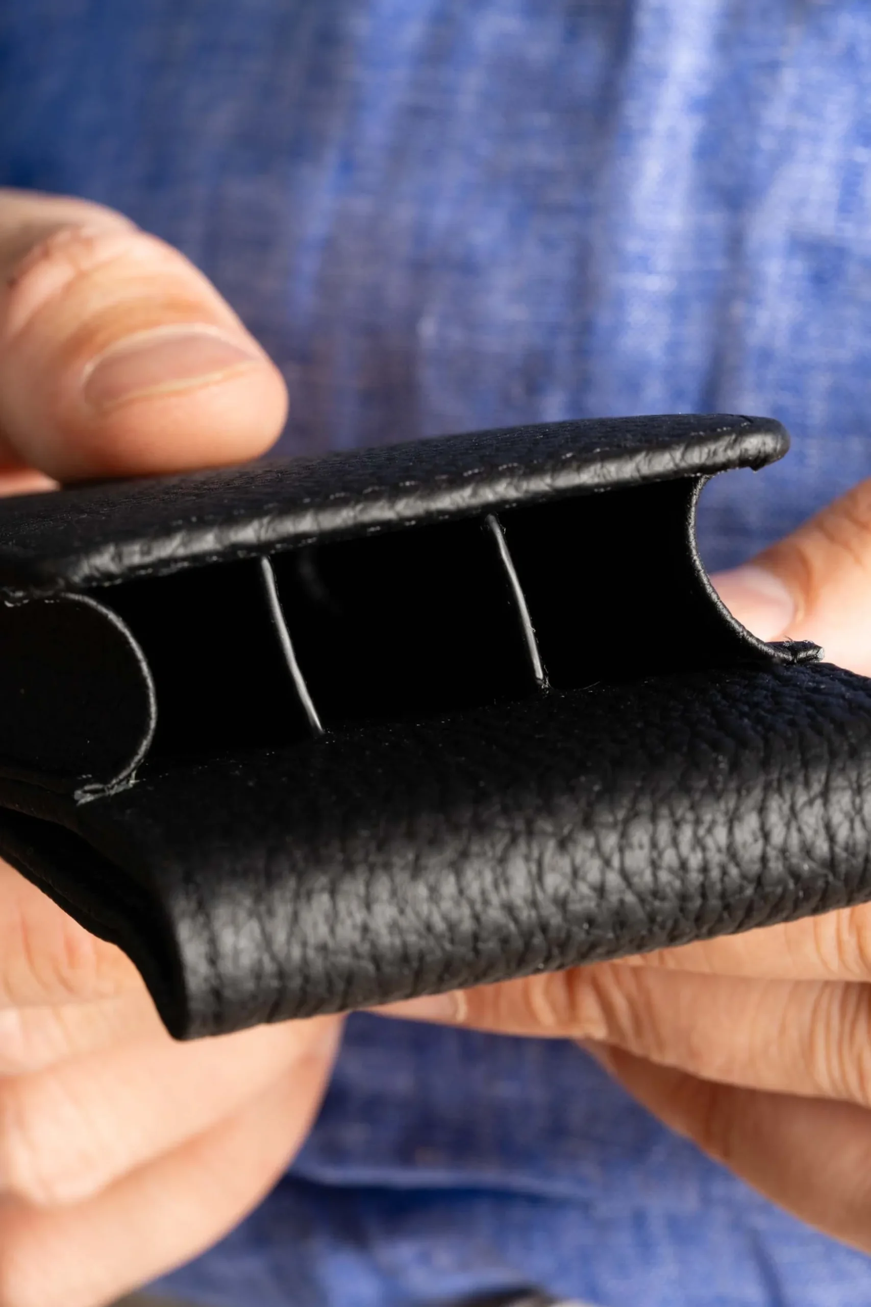 3-Pen Black Full-Grain Calf Togo Leather Pen Case