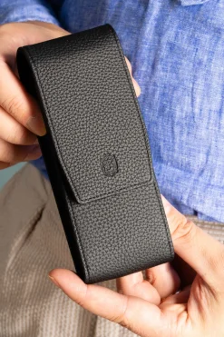 3-Pen Black Full-Grain Calf Togo Leather Pen Case