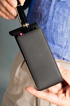3-Pen Black Full-Grain Calf Togo Leather Pen Case