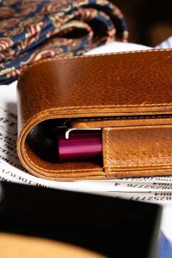 3-Pen Saddle Brown Dumont Full-Grain Leather Pen Case