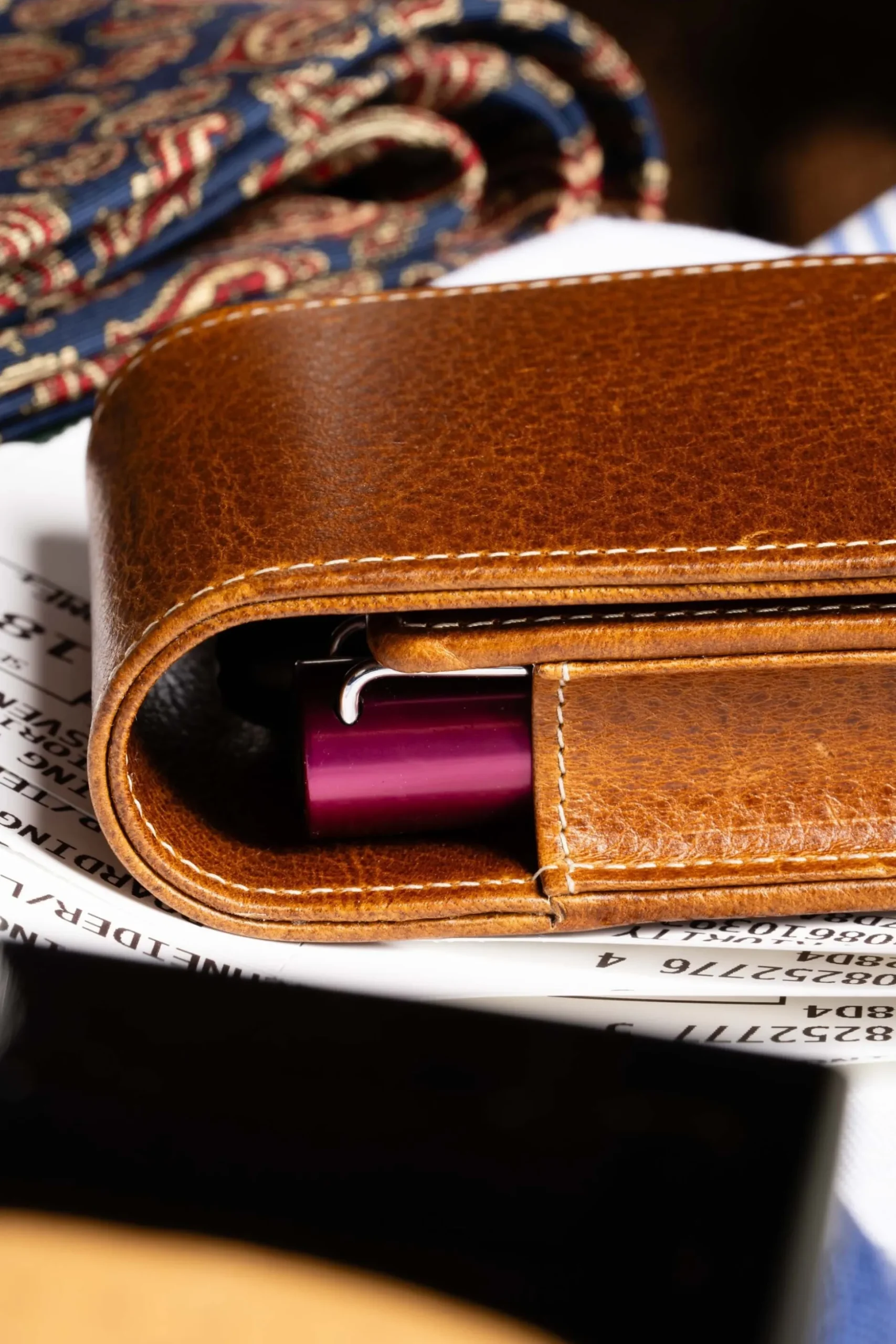 3-Pen Saddle Brown Dumont Full-Grain Leather Pen Case