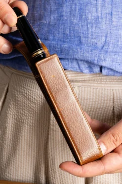 3-Pen Saddle Brown Dumont Full-Grain Leather Pen Case