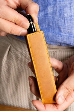 3-Pen Vintage Gold Full-Grain Leather Pen Case