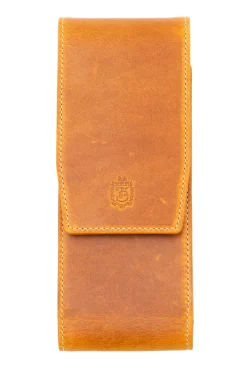 3-Pen Vintage Gold Full-Grain Leather Pen Case