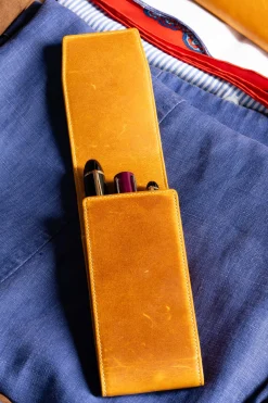 3-Pen Vintage Gold Full-Grain Leather Pen Case