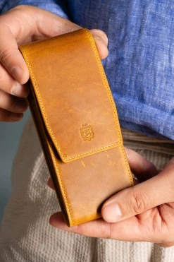 3-Pen Vintage Gold Full-Grain Leather Pen Case