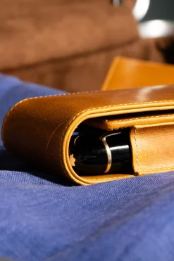 3-Pen Vintage Gold Full-Grain Leather Pen Case