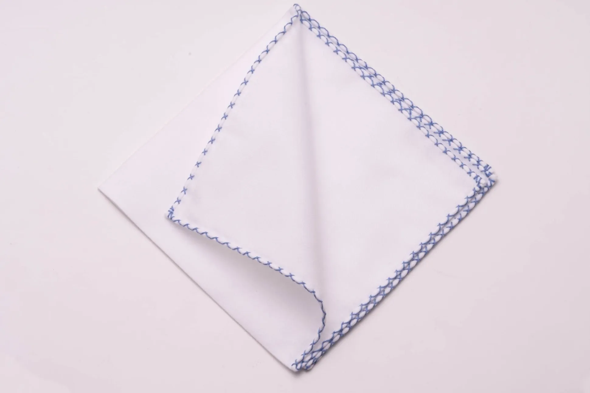 Periwinkle Blue X-Stitch Edge White Flannel Pocket Square