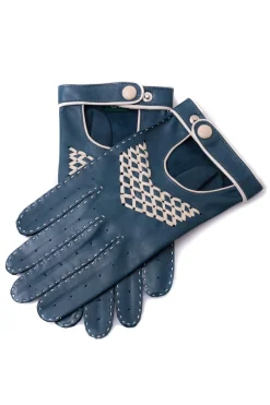 Petrol Blue & Cream Driving Gloves in Lamb Nappa Leather