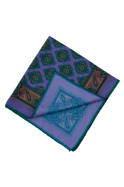 Purple Diamond and Paisley Green Contrast Edge Madder Silk Pocket Square