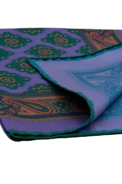 Purple Diamond and Paisley Green Contrast Edge Madder Silk Pocket Square
