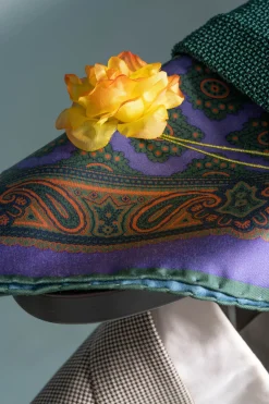 Purple Diamond and Paisley Green Contrast Edge Madder Silk Pocket Square