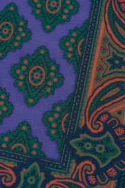 Purple Diamond and Paisley Green Contrast Edge Madder Silk Pocket Square