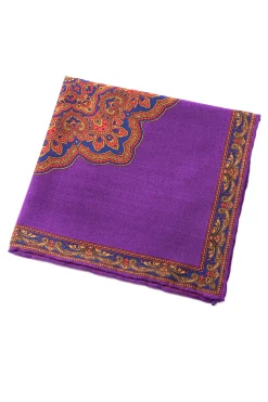 Purple & Orange Medallion Silk Wool Pocket Square