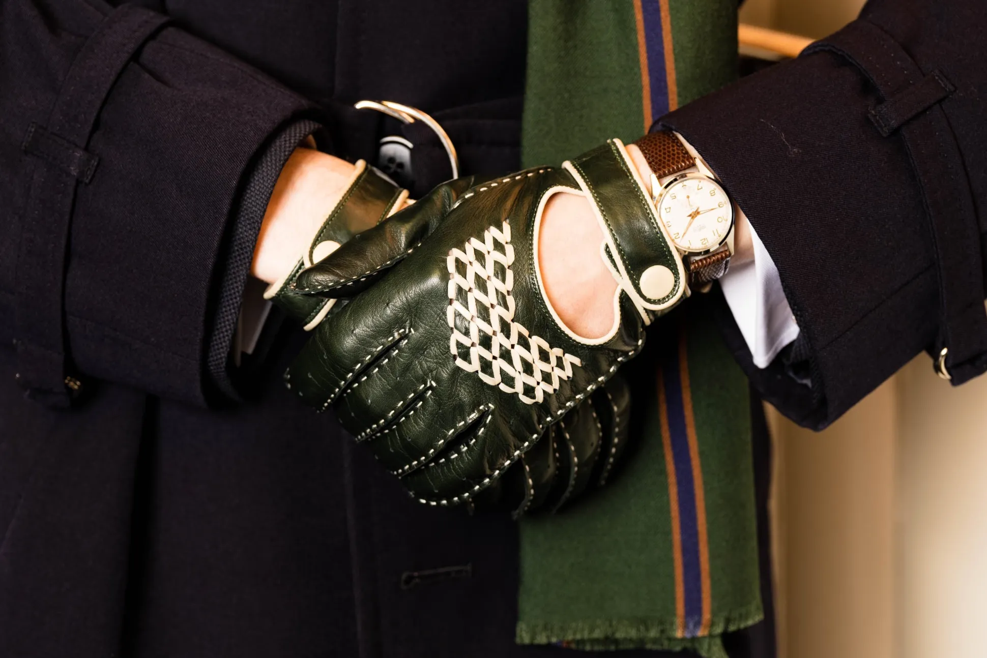 Racing Green & Cream Leather Driving Gloves