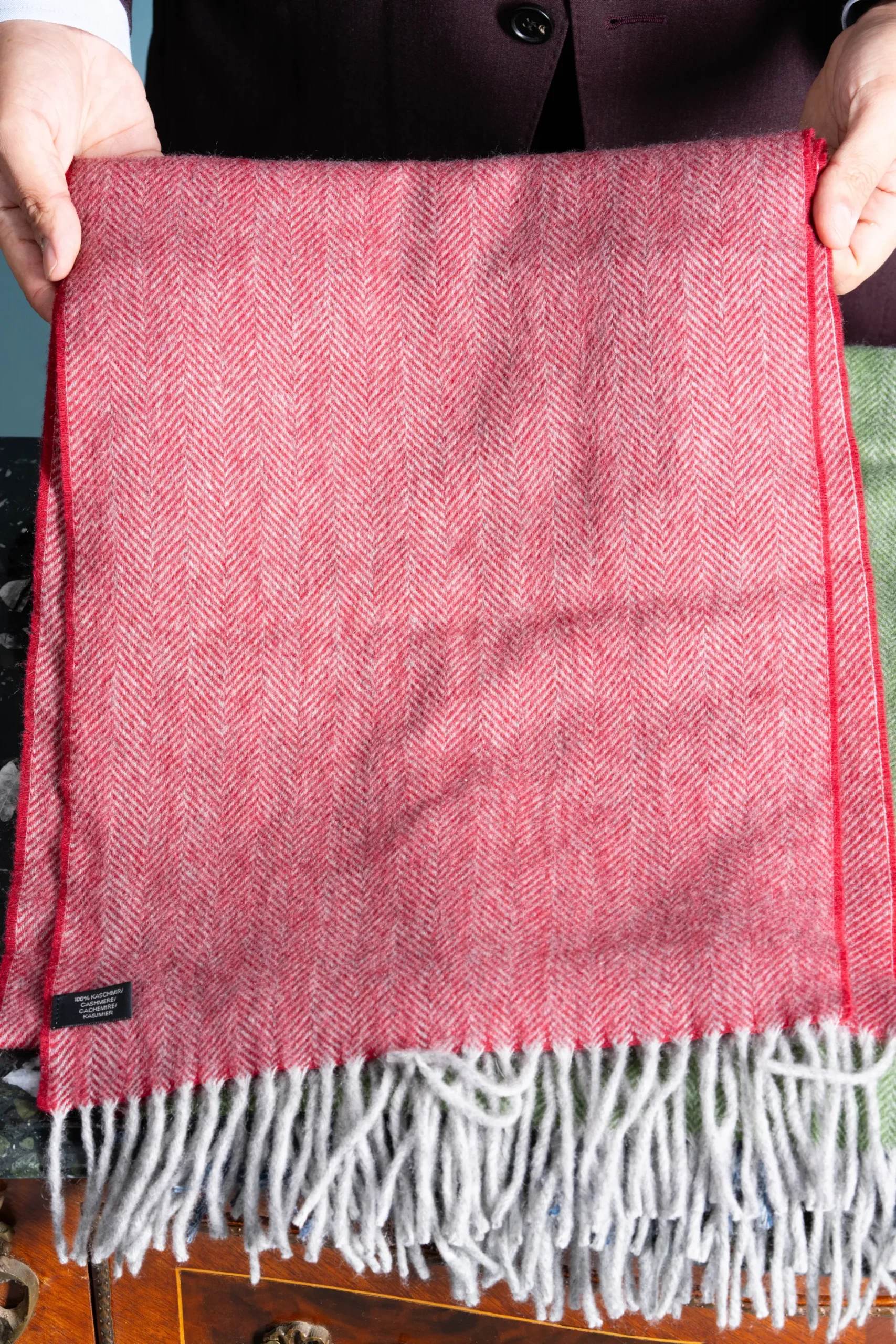 Red Herringbone Cashmere Scarf