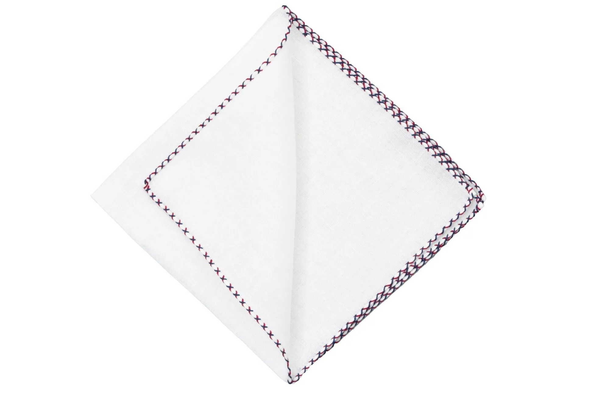 Red & Navy Blue X-Stitch Edge White Linen Pocket Square