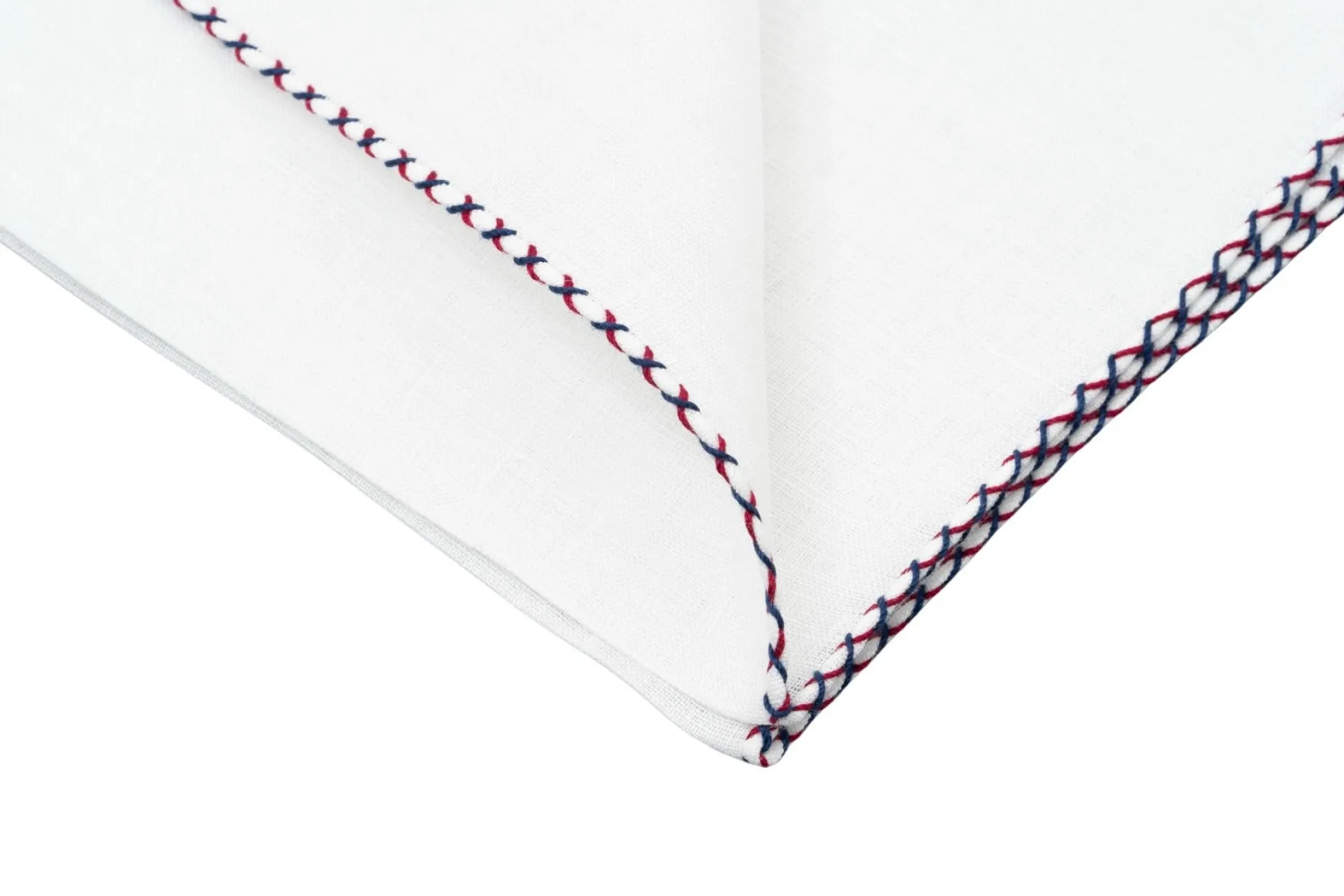 Red & Navy Blue X-Stitch Edge White Linen Pocket Square